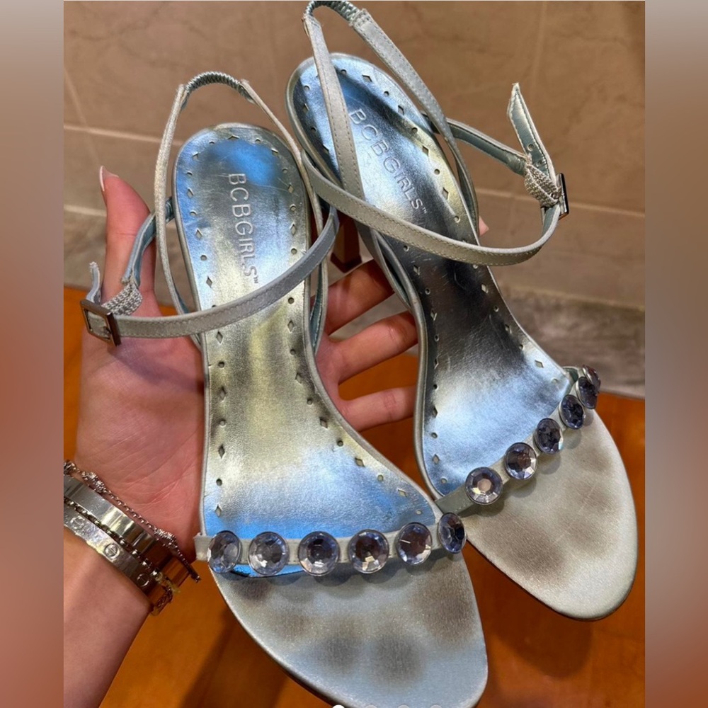 Cinderella blue satin strappy heels with blue gem details